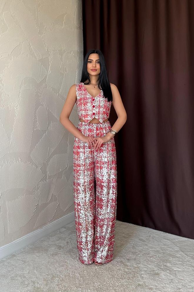 L&C Црвени Глам Комплет Са В изрезом И Палазо Панталонама Велепродаја одеће Но Фабриц