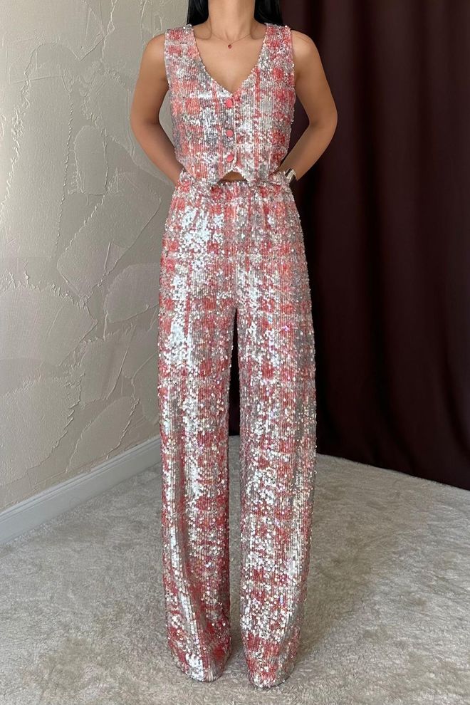 L&C Ružičasti Glamurozan Oprstan Odijelo Bez Rukava Karo Veleprodaja odjeće Rođendan