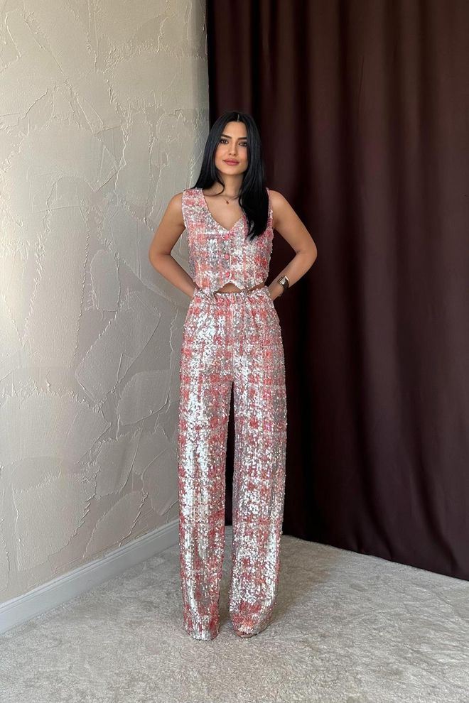 L&C Ružičasti Glamurozan Oprstan Odijelo Bez Rukava Karo Veleprodaja odjeće Bez tkanine