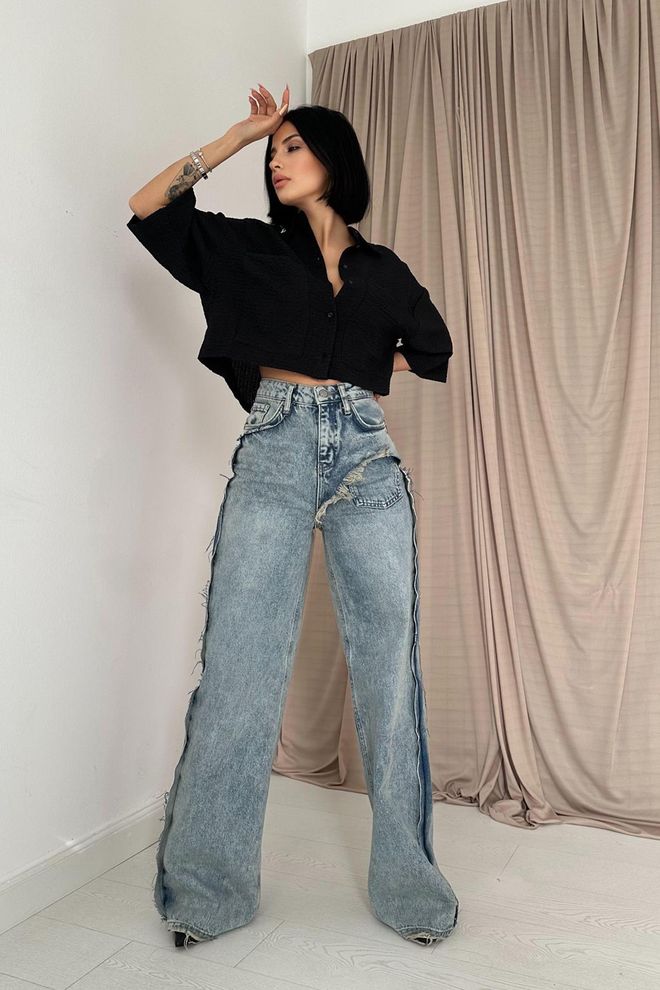 Elisa Pantaloni Jeans Con Spacco Laterale Lavaggio Neve Abbigliamento all'ingrosso Casuale