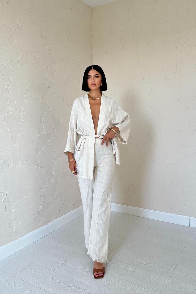 Elisa Set Kimono E Pantaloni Beige Abbigliamento all'ingrosso Casuale