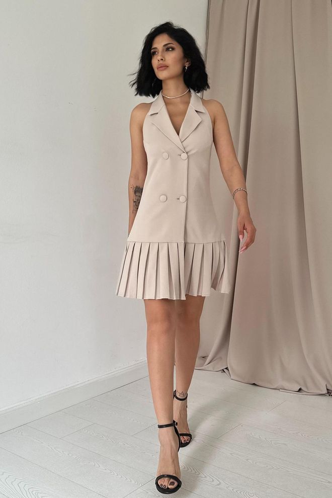 L&C Beige Blazer Mini Jurk Met Geribbelde Hals Groothandel Kleding Elegant