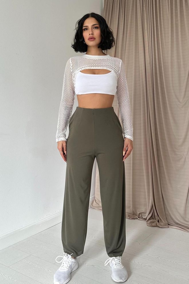 Elisa Pantaloni Dettagliati Elastici Dart Cachi Abbigliamento all'ingrosso Casuale
