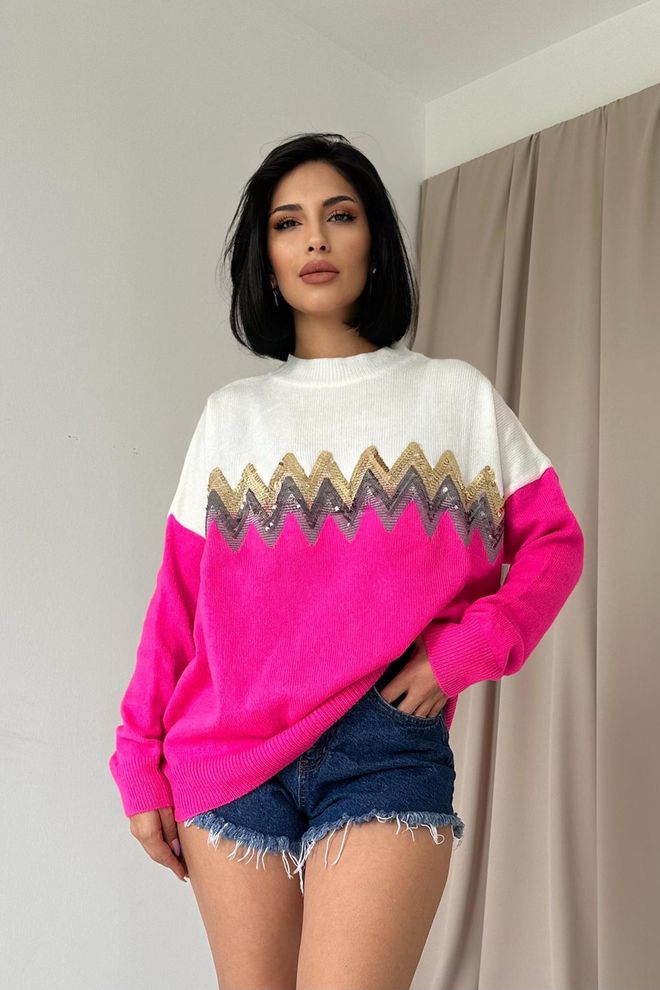 Elisa Strickpullover Mit Zickzackmuster – Fuchsia Großhandelskleidung Lässig