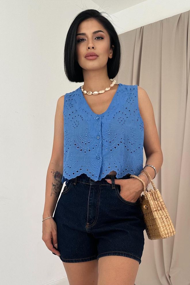 Elisa Camicetta Con Ricamo A Maniche Zero Blu Abbigliamento all'ingrosso Casuale