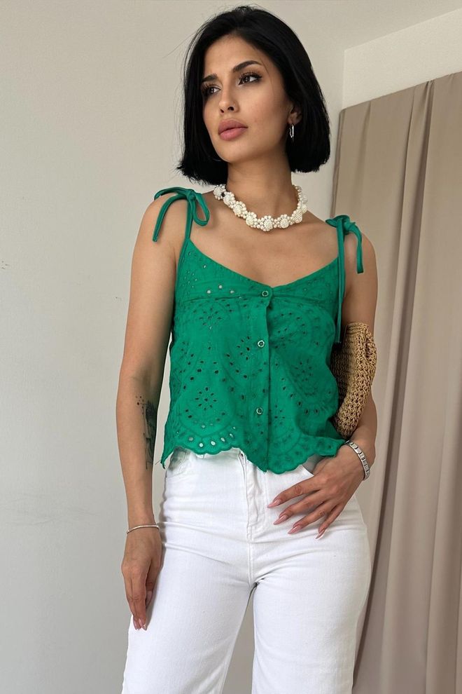 Elisa Camicetta Con Ricamo Con Lacci Verde Abbigliamento all'ingrosso Casuale