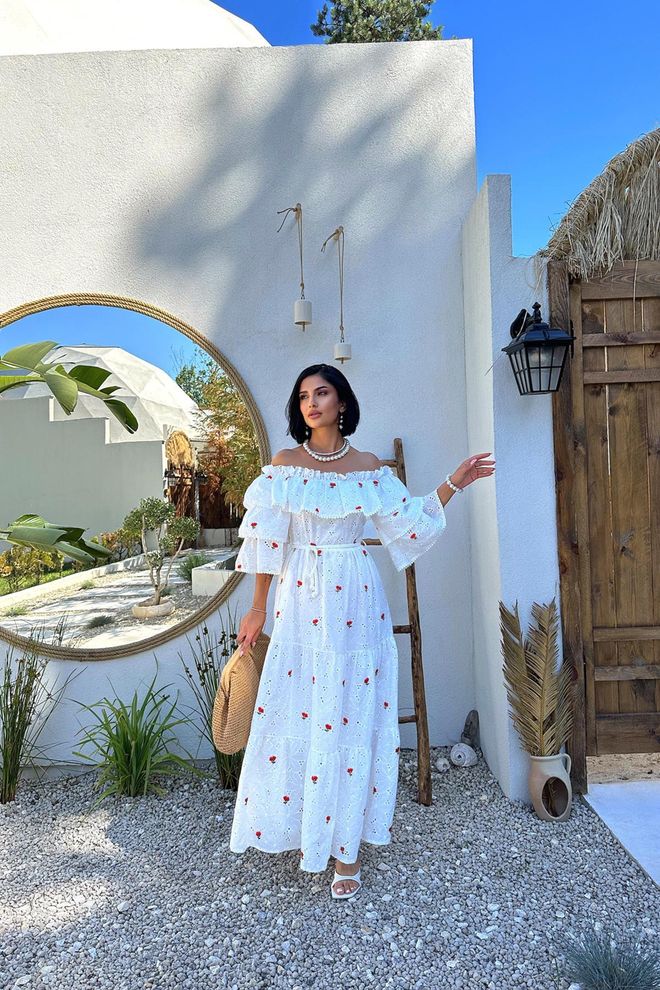 L&C Beyaz Boho Fit & Flare Maksi Elbise Toptan Giyim Gündelik