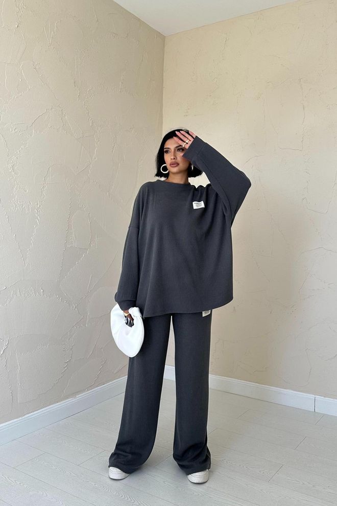 Elisa Classic Ribbed Sweater And Trouser Set Smoke Wholesale Clothing Modest