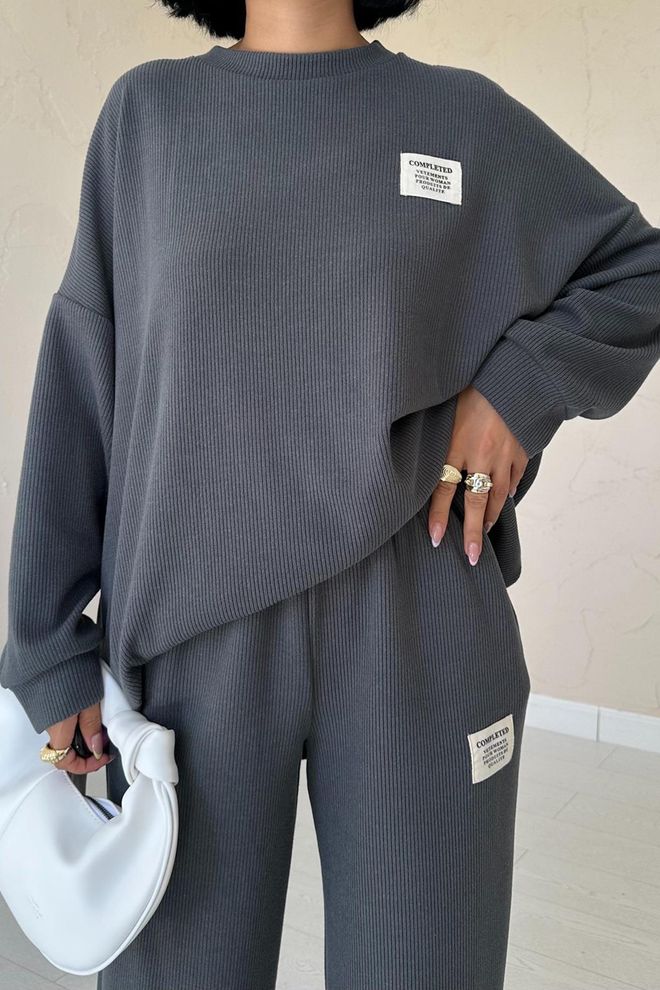 Elisa Classic Ribbed Sweater And Trouser Set Smoke Wholesale Clothing Work