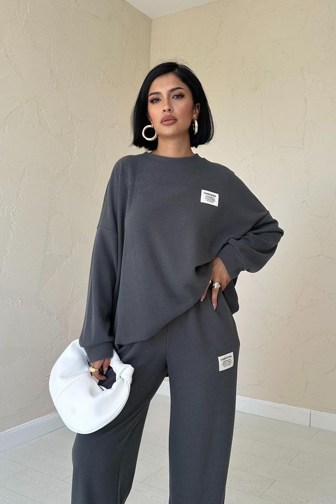 Elisa Classic Ribbed Sweater And Trouser Set Smoke Wholesale Clothing Polyester