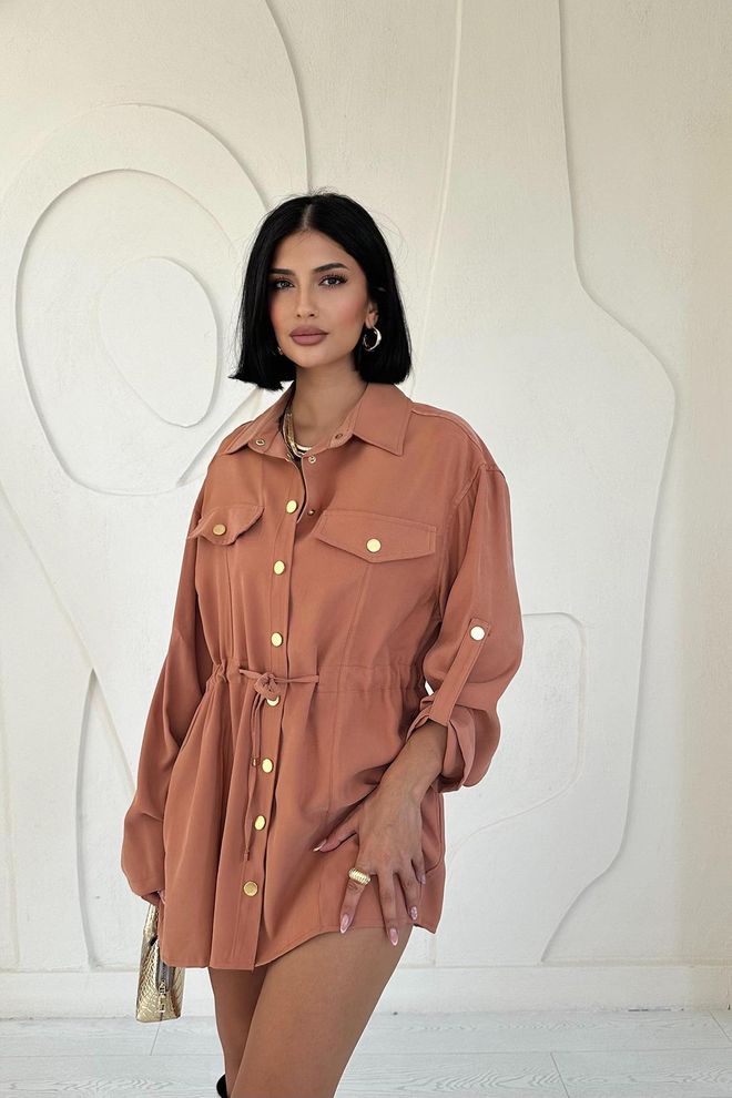 L&C Braun Lässiges Elegantes Hemd Mit Gekerbtem Hals Großhandelskleidung Lässig