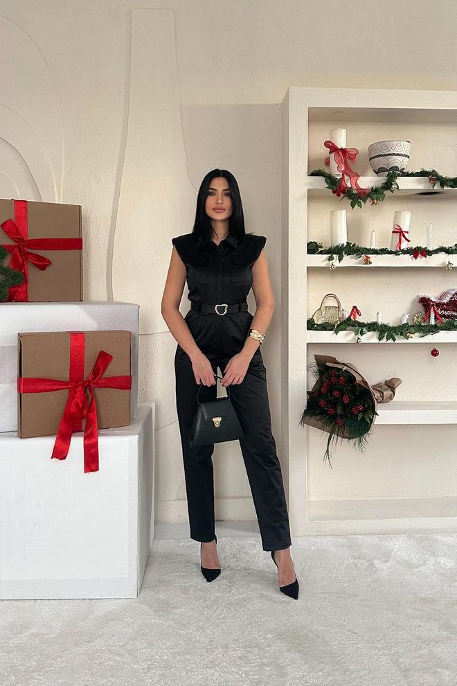 Elisa Gepolsterter Overall Mit Gürtel – Schwarz Großhandelskleidung Elegant