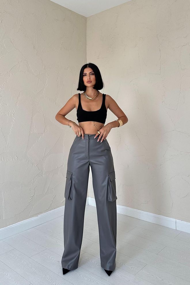 L&C Pantalón Cargo Gris Con Pierna Ancha Y Cintura Alta Ropa al por mayor Casual