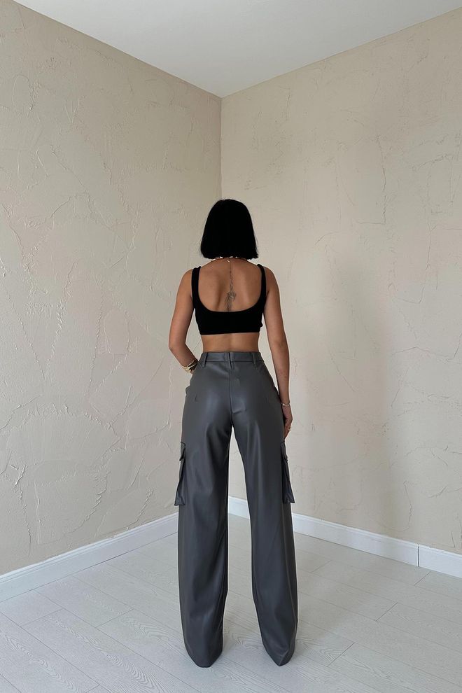 L&C Grey Cargo Pants With Wide Leg And High Waist Wholesale Clothing Winter