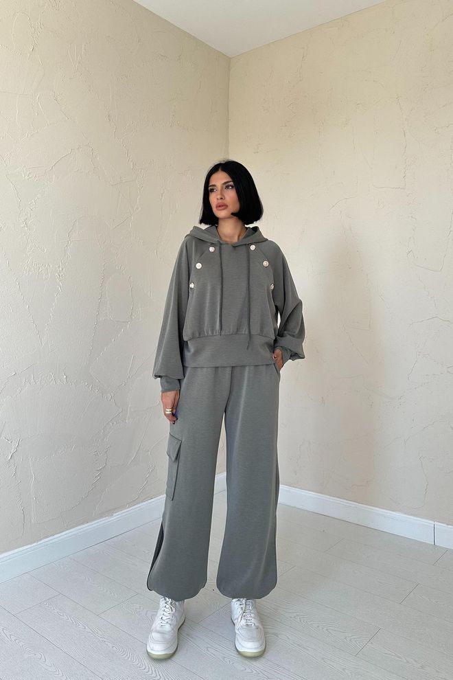 Elisa Set Felpa Con Cappuccio E Pantaloni Cargo Kaki Abbigliamento all'ingrosso Casuale