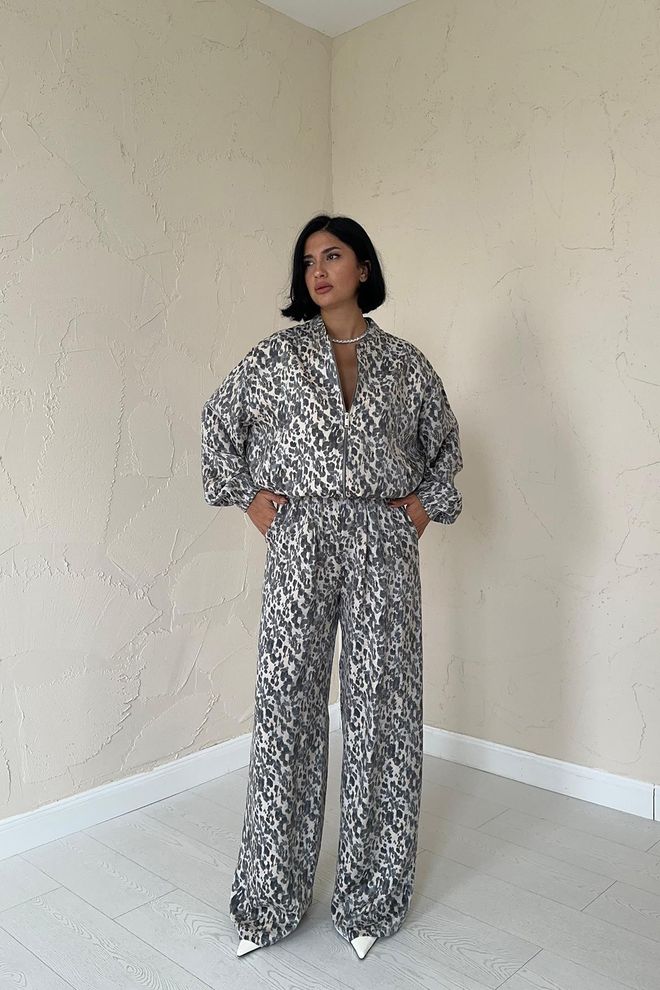Elisa Σετ Μπουφάν Και Παντελόνι Με Λεοπάρ Σχέδιο Λευκό Χονδρικό εμπόριο ενδυμάτων Casual