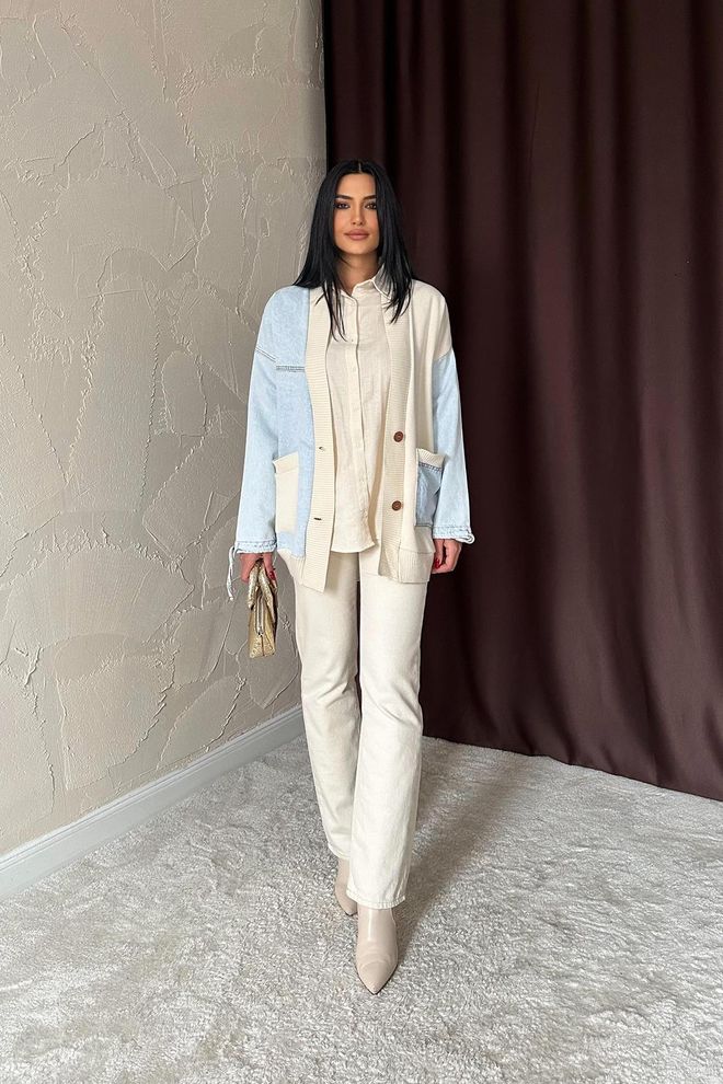 Elisa Cardigan In Denim Guarnito Blu Abbigliamento all'ingrosso Casuale