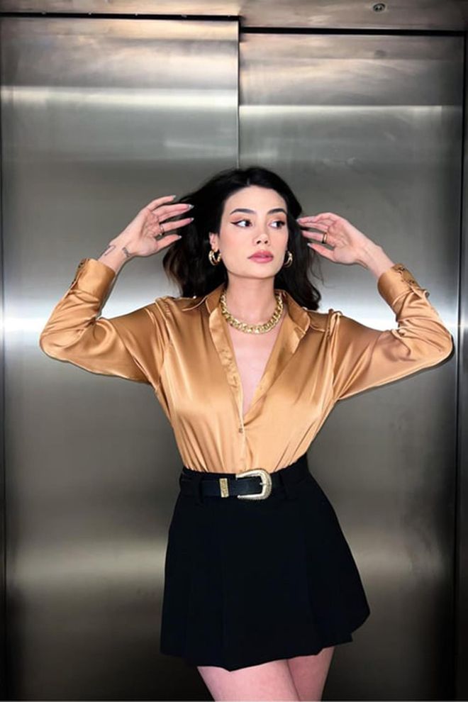 Elisa Satin Shirt Camel Wholesale Clothing Formal