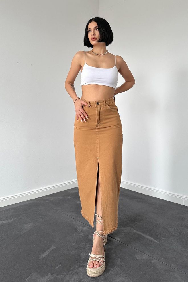 Elisa Gonna Con Nappe Tinte In Gabardine Cammello Abbigliamento all'ingrosso Casuale