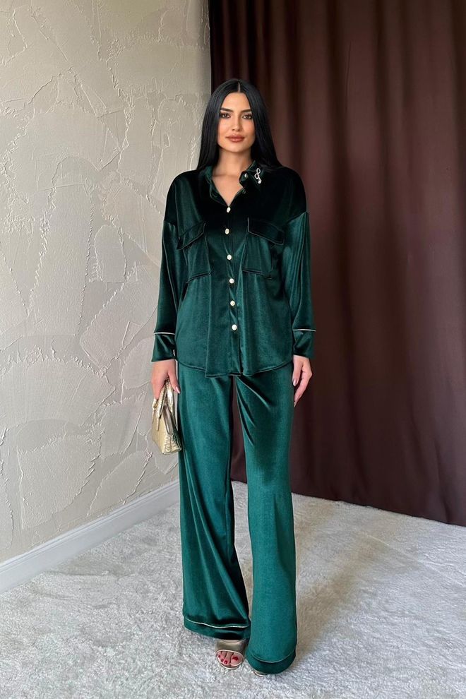 L&C Elegant Groen Set Met Wijde Pijp Palazzo Broek Groothandel Kleding Casual