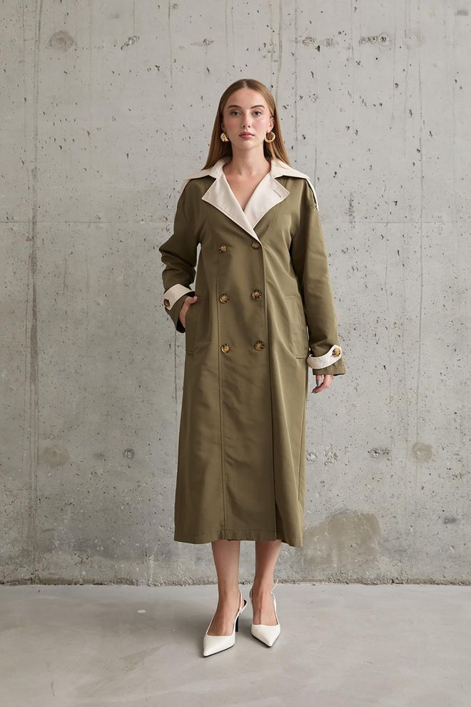 Elisa Trench Con Retro A Righe E Cintura Kaki E Beige Abbigliamento all'ingrosso Casuale