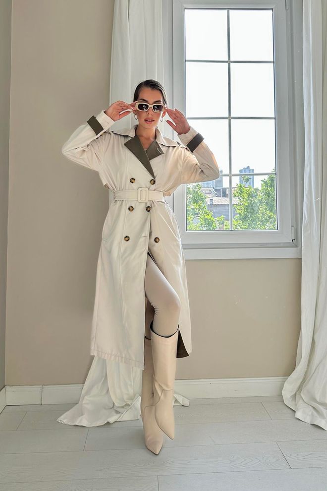Elisa Trench Con Retro A Righe E Cintura Beige E Kaki Abbigliamento all'ingrosso Casuale