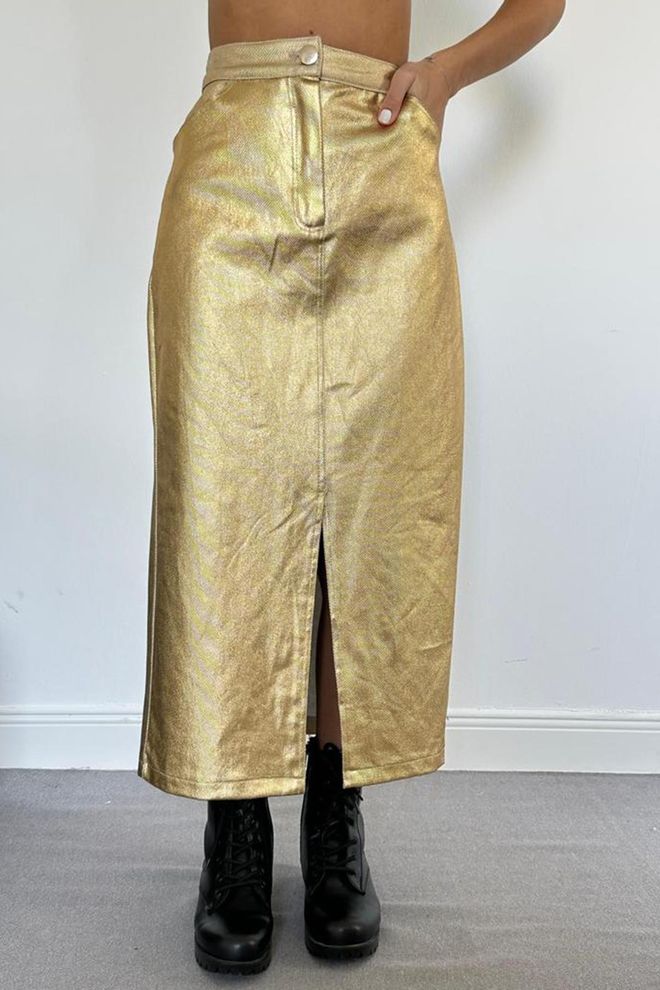 Elisa Gonna Con Spacco In Gabardine Foglia Oro Oro Abbigliamento all'ingrosso Casuale
