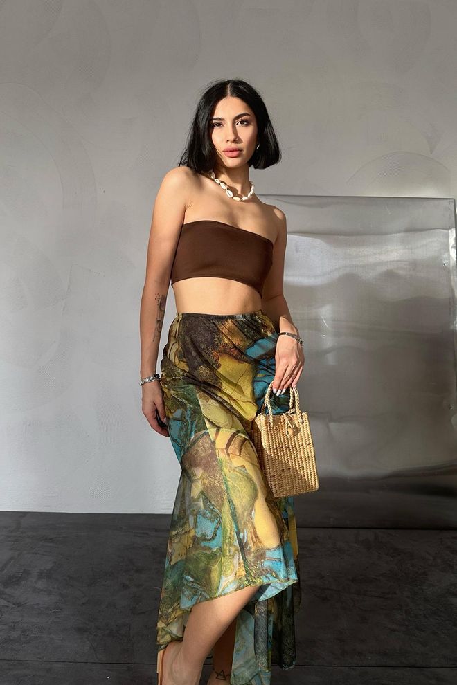 Elisa Gonna Elastica Stampata A Motivi Blu E Verde Abbigliamento all'ingrosso Casuale