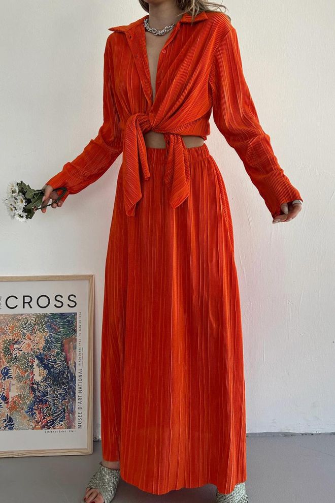 Elisa Corduroy Shirt And Long Skirt Set Orange Wholesale Clothing Casual