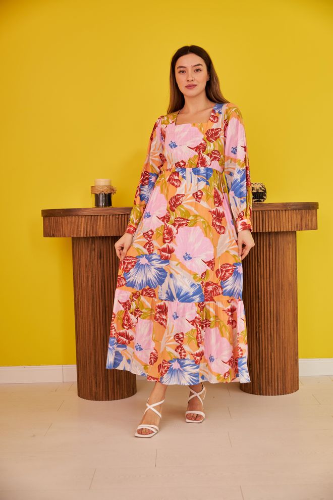 L&C Pink Floral A Line Midi Dress With Square Neck Wholesale Clothing Casual