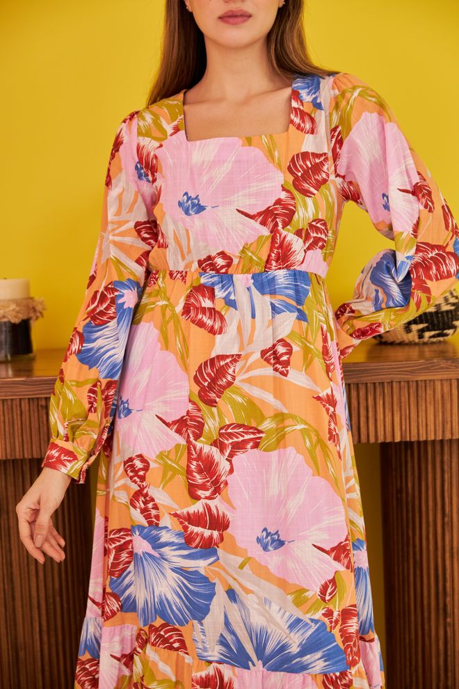 L&C Розова Рокля С Флорален Принт А силует Миди С Квадратно Деколте Дрехи на едро Рожден ден