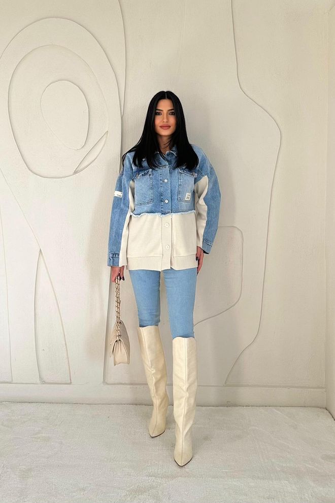 Elisa Jeansjacke Mit Strickwaren – Blau Großhandelskleidung Lässig