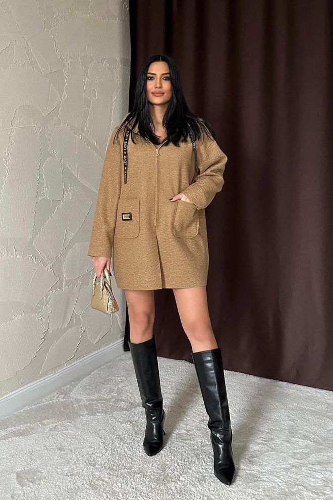 L&C Braune Übergroße Kapuzenkragen Überhemd Jacke Großhandelskleidung Lässig