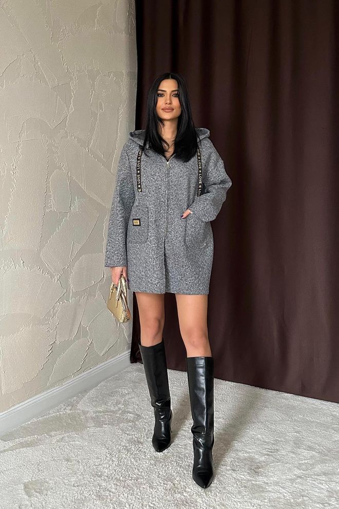 L&C Graue Jacke Mit Kapuze Und Reißverschluss Großhandelskleidung Lässig