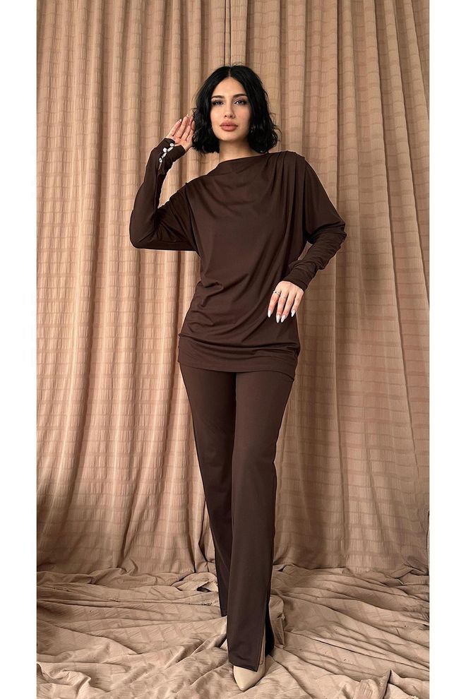 Elisa Set Bluză Și Pantaloni Cu Pliuri Maro Îmbrăcăminte cu ridicata Casual