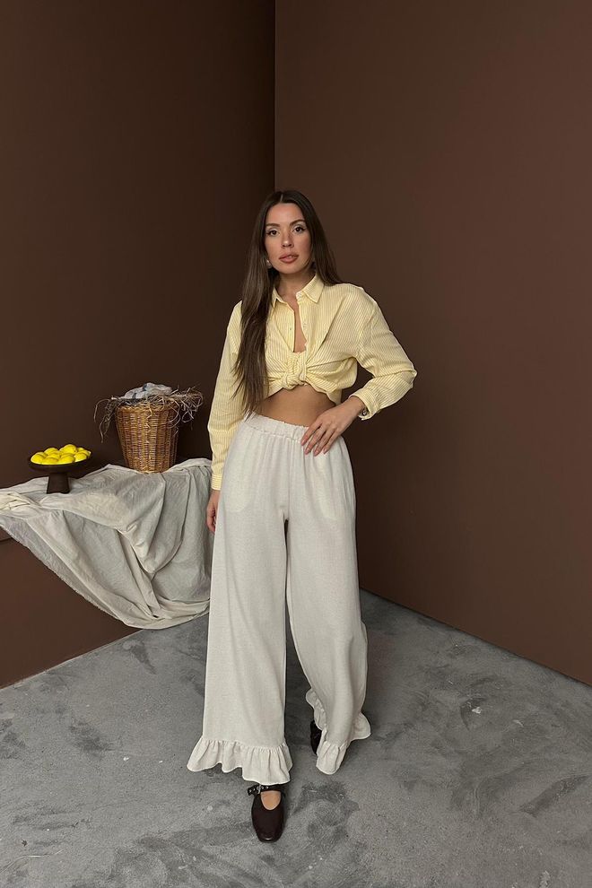 Elisa Pantaloni Di Lino Arruffati Con Gambe Beige All'ingrosso Abbigliamento all'ingrosso Casuale