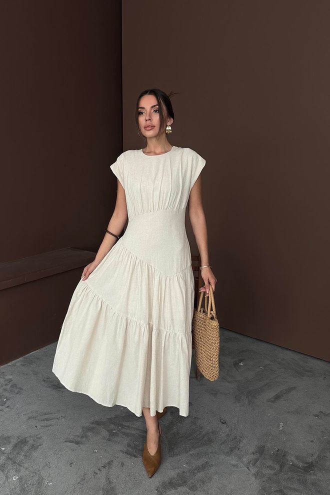 Elisa Vestido De Lino Con Detalle De Volantes Beige Al Por Mayor Ropa al por mayor Casual