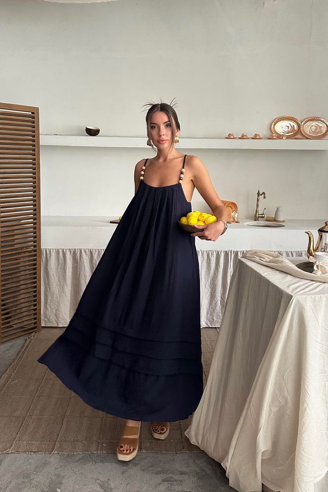 Elisa Vente En Gros De Robe Muesli À Bretelles Bleu Marine Vêtements en gros Décontracté