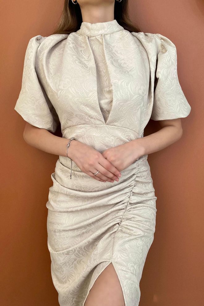 L&C Beige Elegant Fit And Flare Dress Wholesale Clothing Birthday