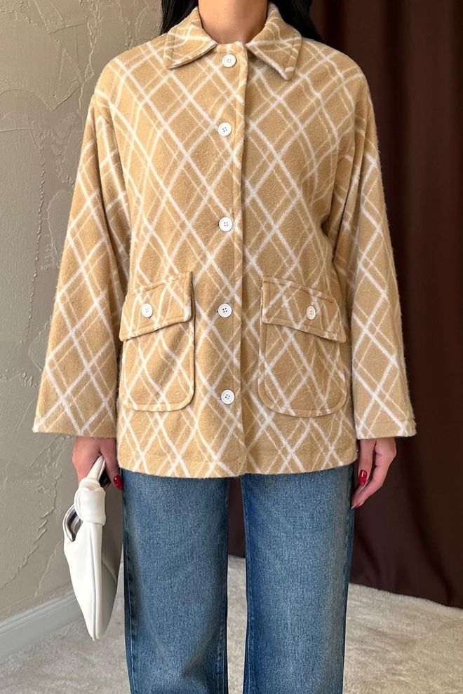 L&C Beige Checkered Casual Overshirt Jacket Wholesale Clothing Spring