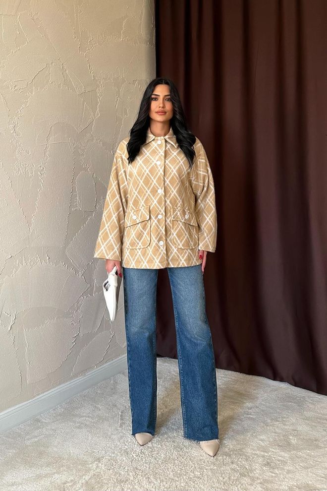 L&C Beige Checkered Casual Overshirt Jacket Wholesale Clothing Polyester