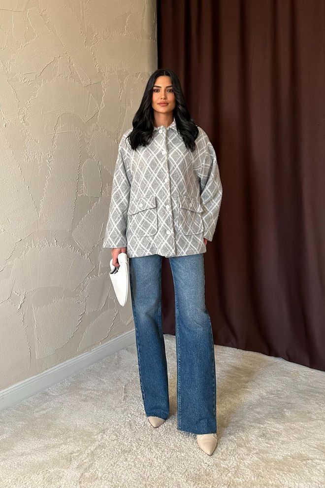 L&C Grey Checkered Overshirt Jacket With Flap Pockets Wholesale Clothing Polyester