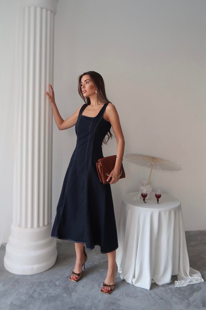 Elisa Vestito Blu Navy Elegante Linea A Senza Maniche Midi Abbigliamento all'ingrosso Casuale