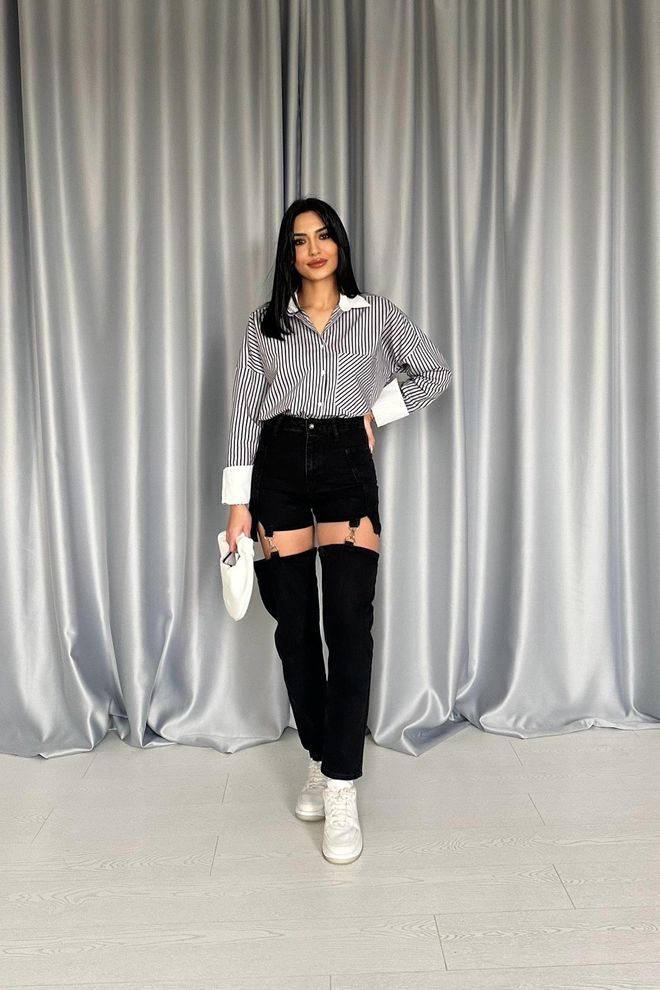 Elisa Pantaloni In Jeans A Due Pezzi Con Cinturini Neri Abbigliamento all'ingrosso Casuale