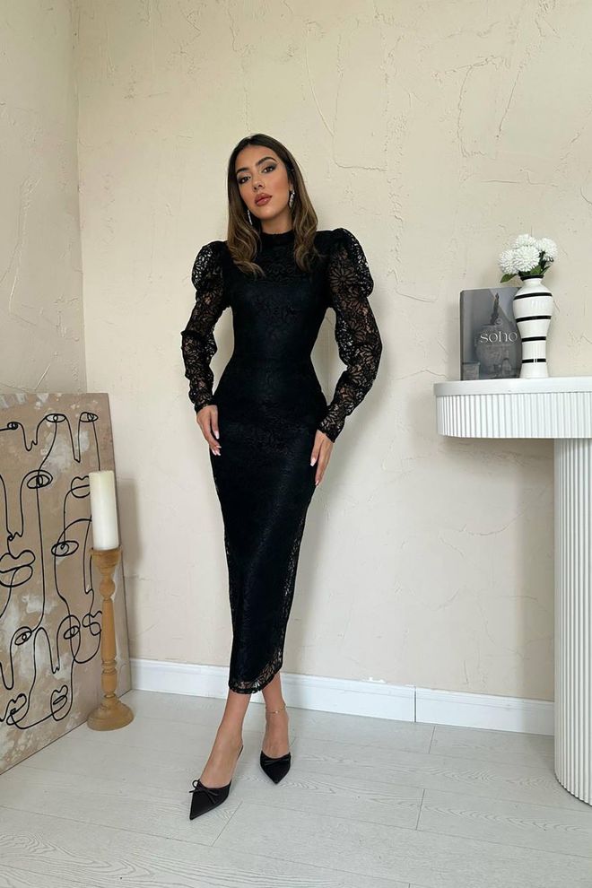 Elisa Elegant Black Sheath Dress With Floral Puff Sleeves Wholesale Clothing Vintage