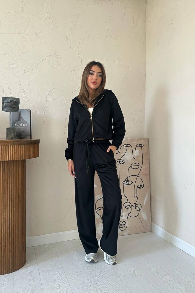 Elisa Σετ Μαύρο Casual Αθλητικό Με Λαιμόκοψη Με Κουκούλα Και Παντελόνι Palazzo Χονδρικό εμπόριο ενδυμάτων Casual