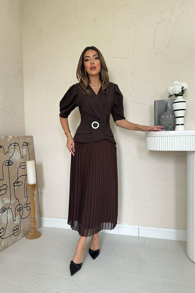 Elisa Elegant Brown Wrap Dress With Puff Half Sleeves Wholesale Clothing Modest