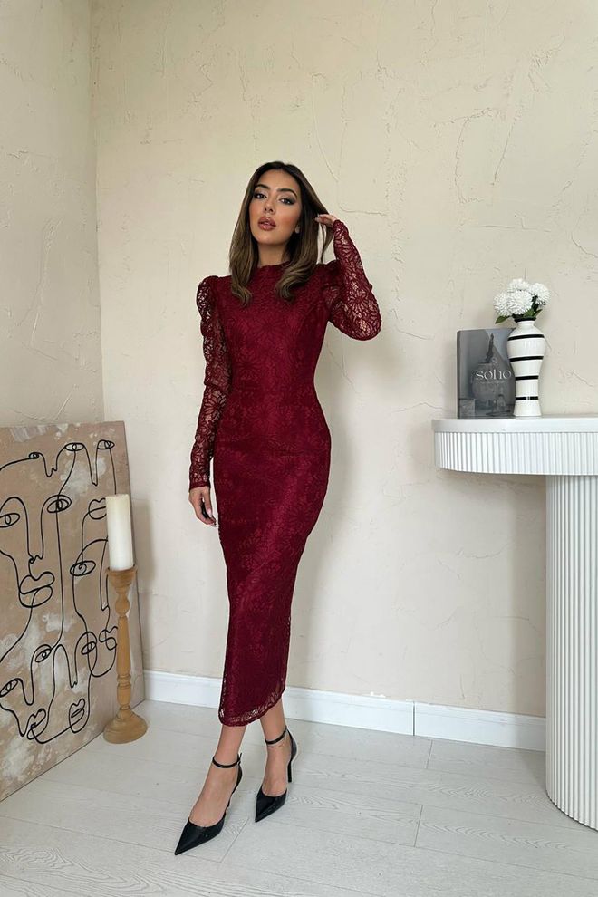 Elisa Vestito Bordeaux Elegante A Guaina Con Maniche A Sbuffo Lunghe Abbigliamento all'ingrosso Sexy