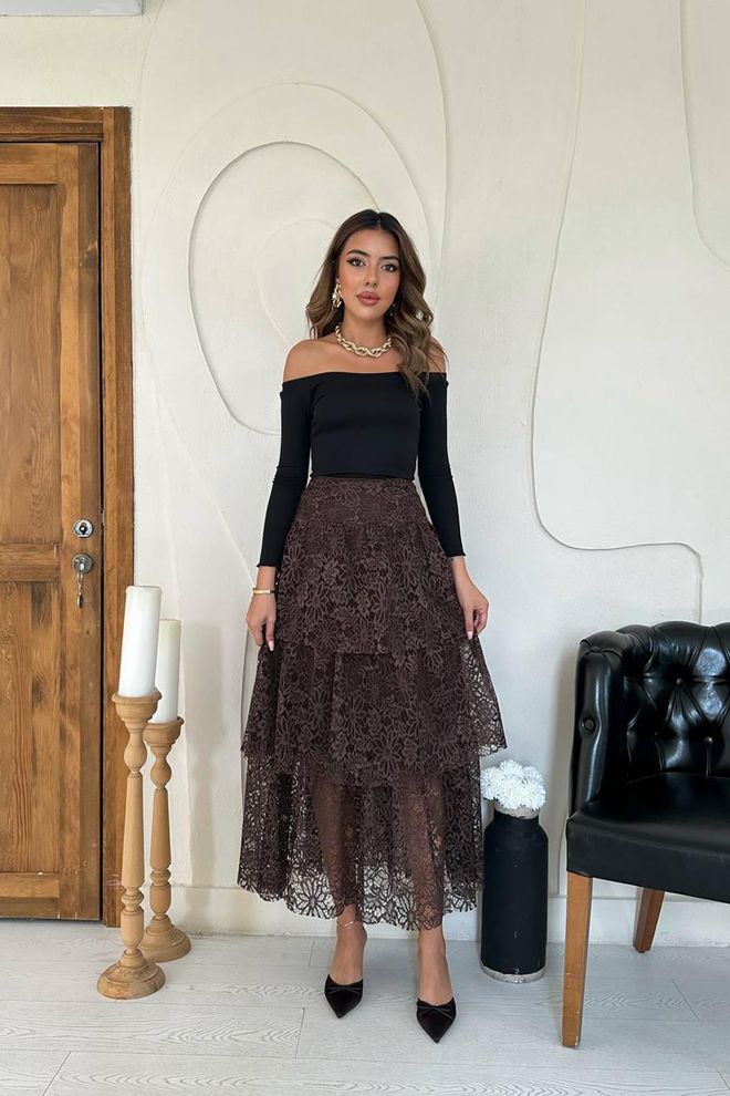 Elisa Gonna Maxi Stratificata Marrone Elegante Abbigliamento all'ingrosso Annata