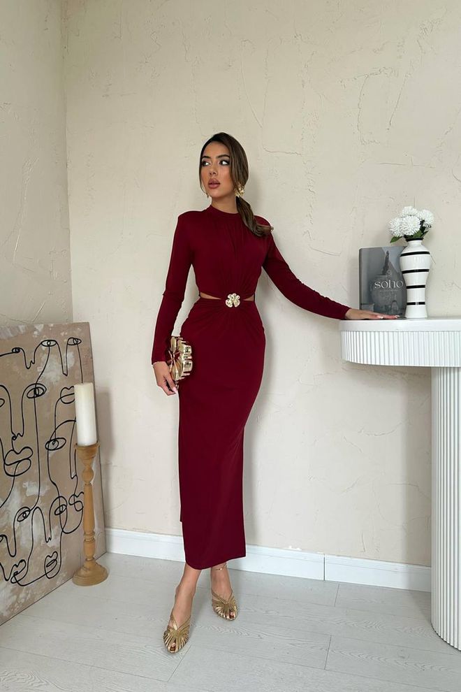 Elisa Bordeauxrot Elegantes Formelles Sexy Mantel Kleid Großhandelskleidung Sexy